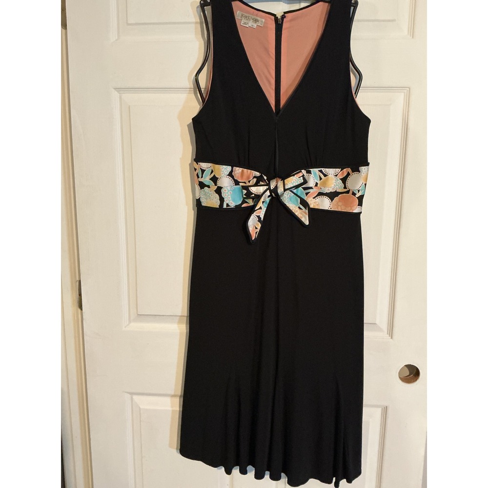 Kay Unger New York‎ Black Floral Satin Bow Waist V-Neck Midi Dress Womens 16